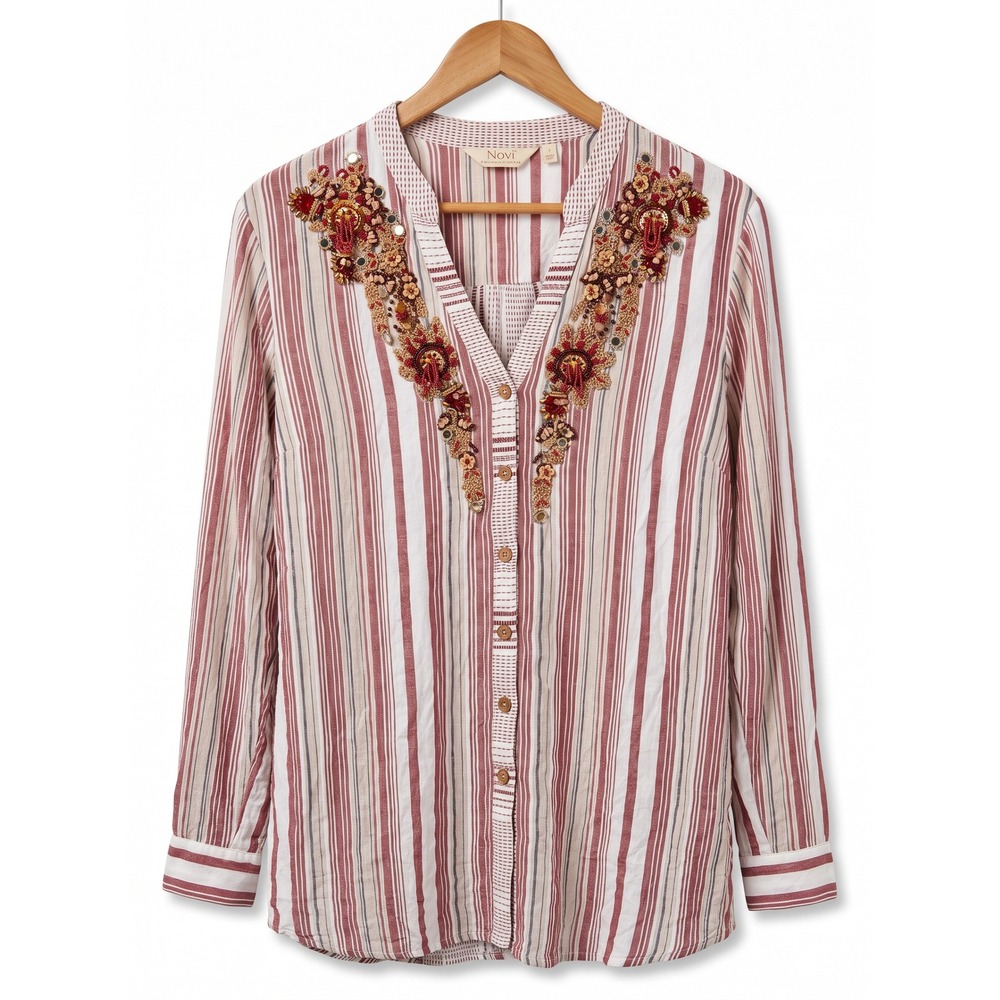 Soft Surroundings Repose Berry Beaded Striped Boho Tunic Blouse Western Size L